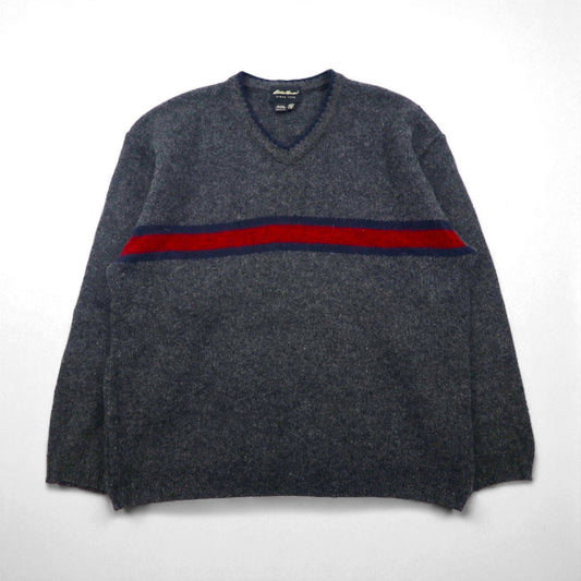 Eddie Bauer 90年代 USA製 Vネック ニット セーター L グレー ウール ラインデザイン