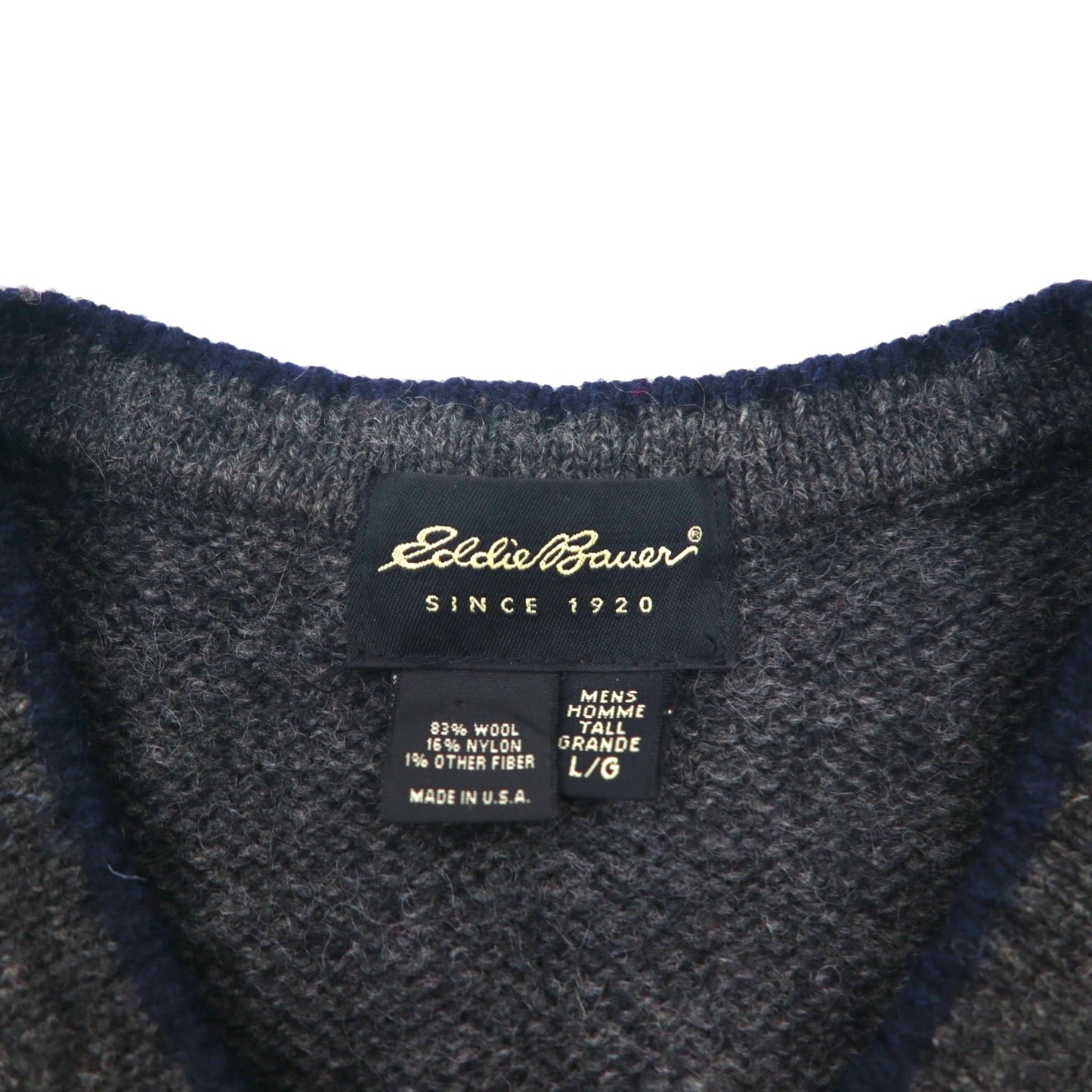 Eddie Bauer 90年代 USA製 Vネック ニット セーター L グレー ウール ラインデザイン