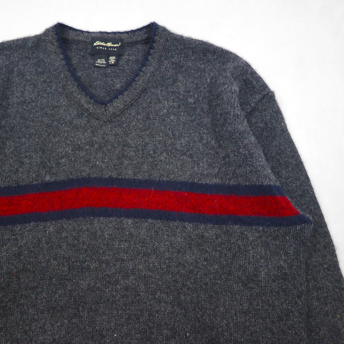 Eddie Bauer 90年代 USA製 Vネック ニット セーター L グレー ウール ラインデザイン