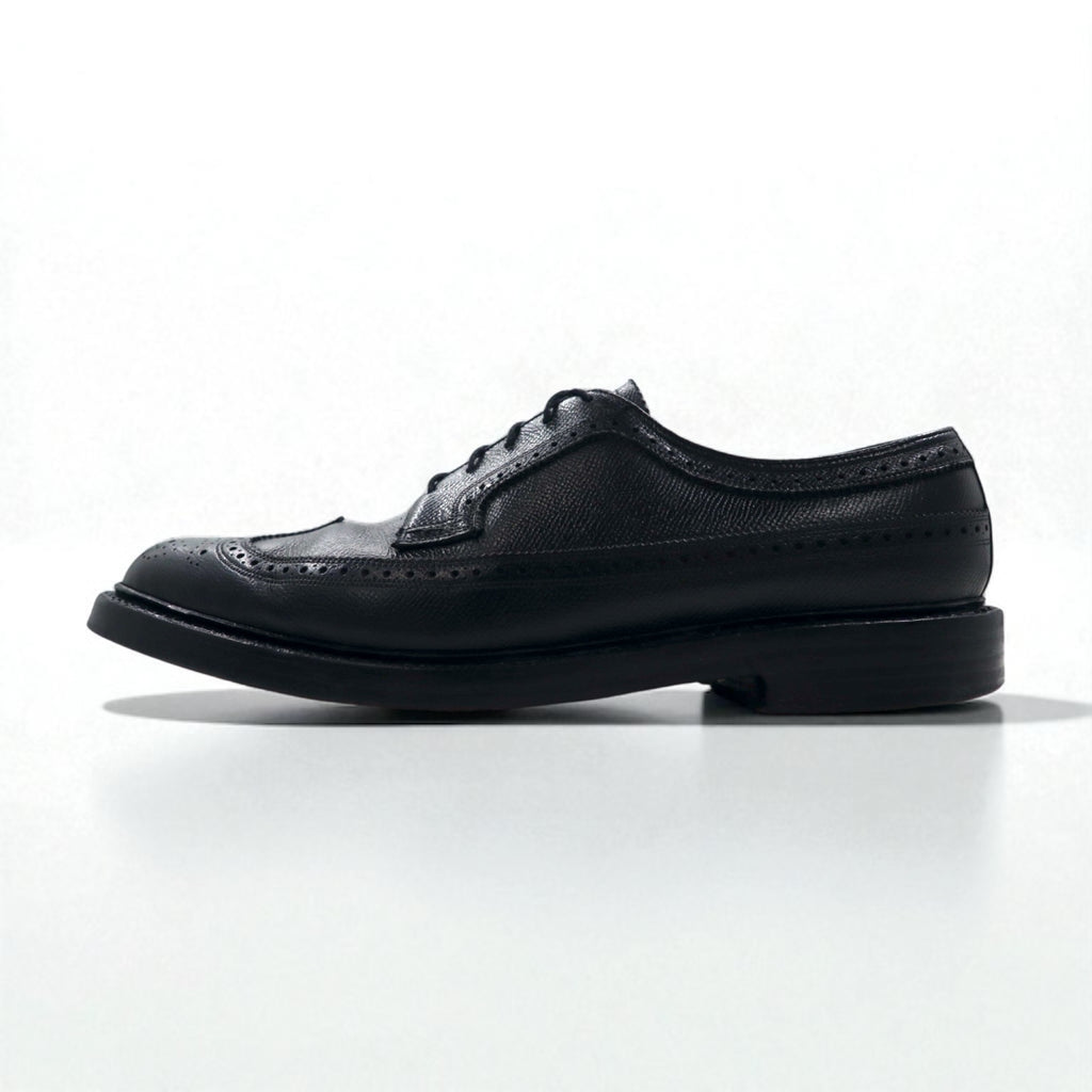 FLORSHEIM 1970s Made in USA Imperial Quality Full Brogue Wingtip Country Shoes, Size 27.5cm, Black Embossed Leather with Medallion Detail, 646646