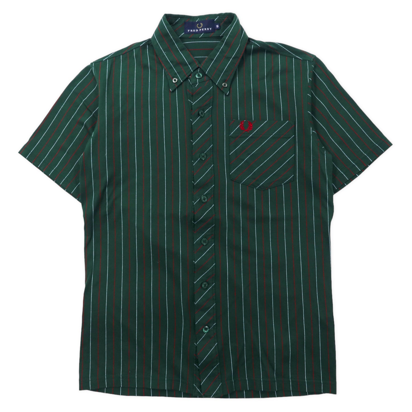 FRED PERRY 半袖 ボタンダウンシャツ S グリーン ストライプ コットン ワンポイントロゴ F1045 日本製