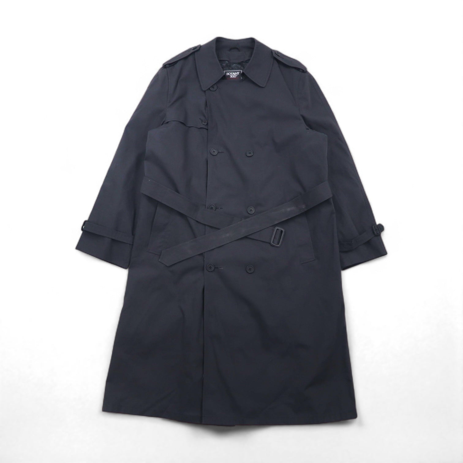 BOTANY500 1980s USA-Made Double-Breasted Trench Coat, XL, Black, with Belt and Detachable Liner and Epaulettes