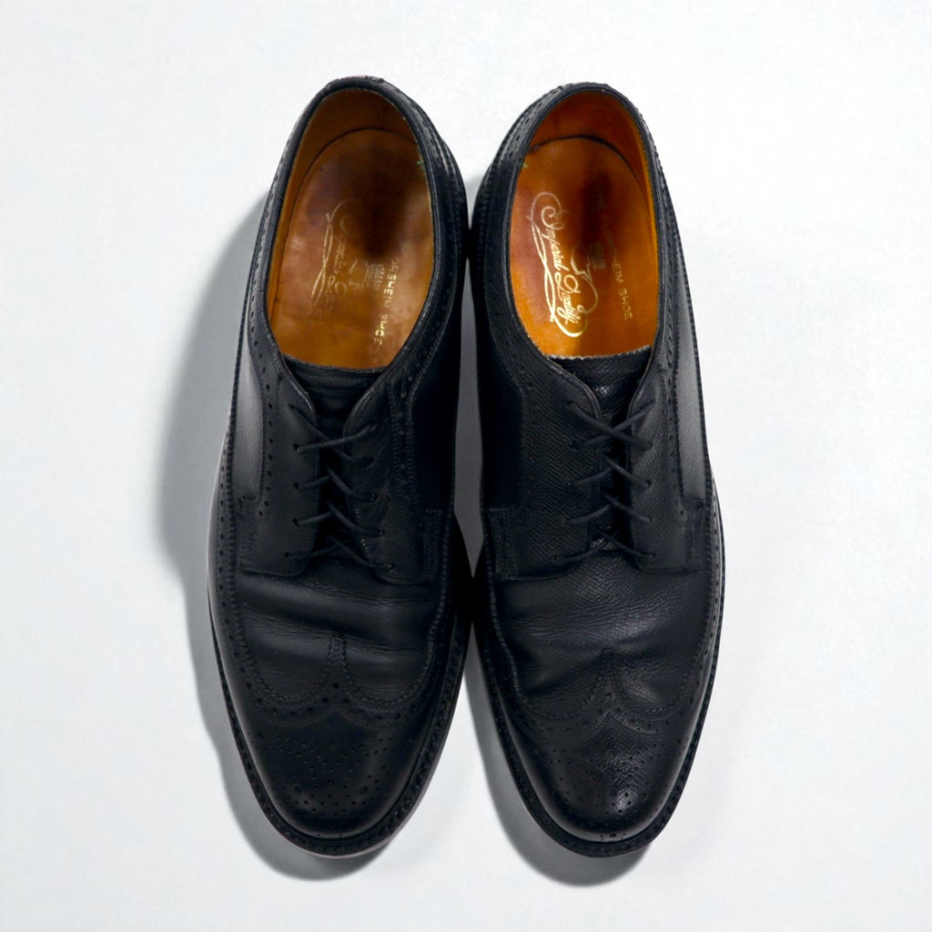 FLORSHEIM 1970s Made in USA Imperial Quality Full Brogue Wingtip Country Shoes, Size 27.5cm, Black Embossed Leather with Medallion Detail, 646646