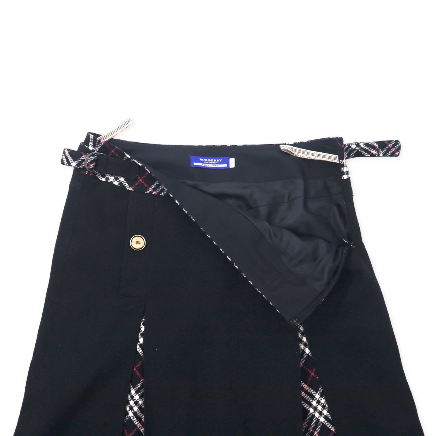 BURBERRY BLUE LABEL ノバチェック切り替え ひざ丈 スカート 36 ブラック シルク 日本製