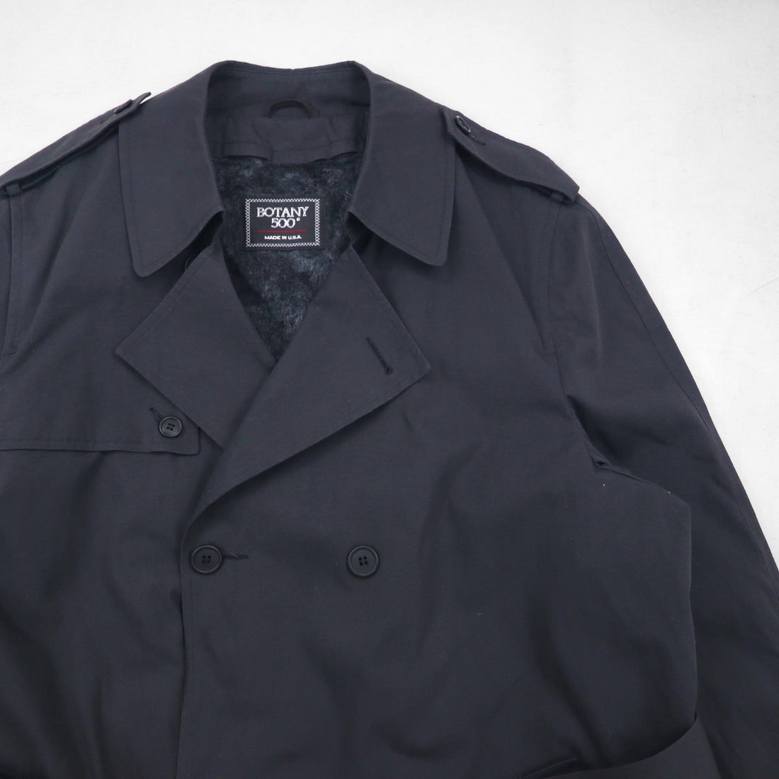 BOTANY500 1980s USA-Made Double-Breasted Trench Coat, XL, Black, with Belt and Detachable Liner and Epaulettes
