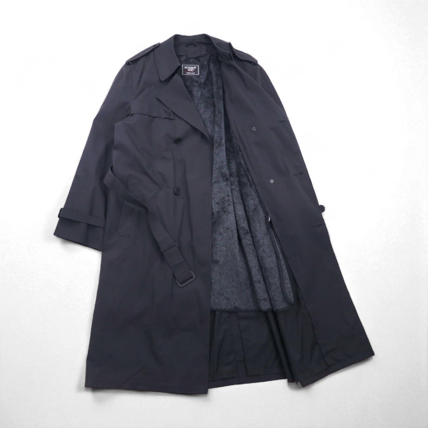 BOTANY500 1980s USA-Made Double-Breasted Trench Coat, XL, Black, with Belt and Detachable Liner and Epaulettes