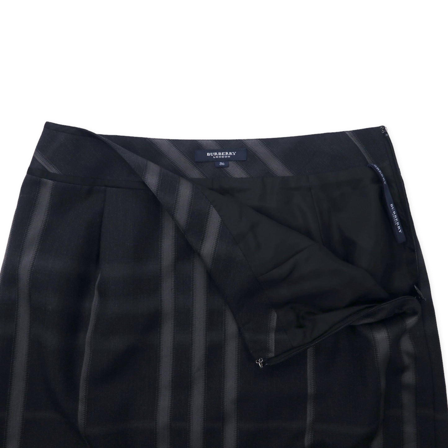 BURBERRY シャドーチェック ひざ丈 スカート 36 ブラック グレー ウール シルク混 日本製