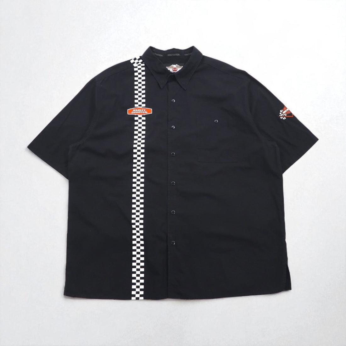 HARLEY DAVIDSON チェッカーフラッグ レーシングシャツ 2XL ブラック ロゴワッペン 胸ポケット