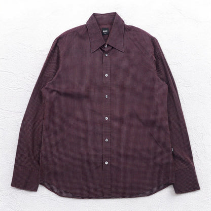 HUGO BOSS ドレスシャツ L ボルドー コットン 小紋柄