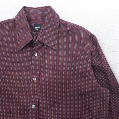 HUGO BOSS ドレスシャツ L ボルドー コットン 小紋柄