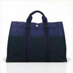 HERMES Foul Tou MM Tote Bag, Navy Canvas, Two-Tone, Made in France