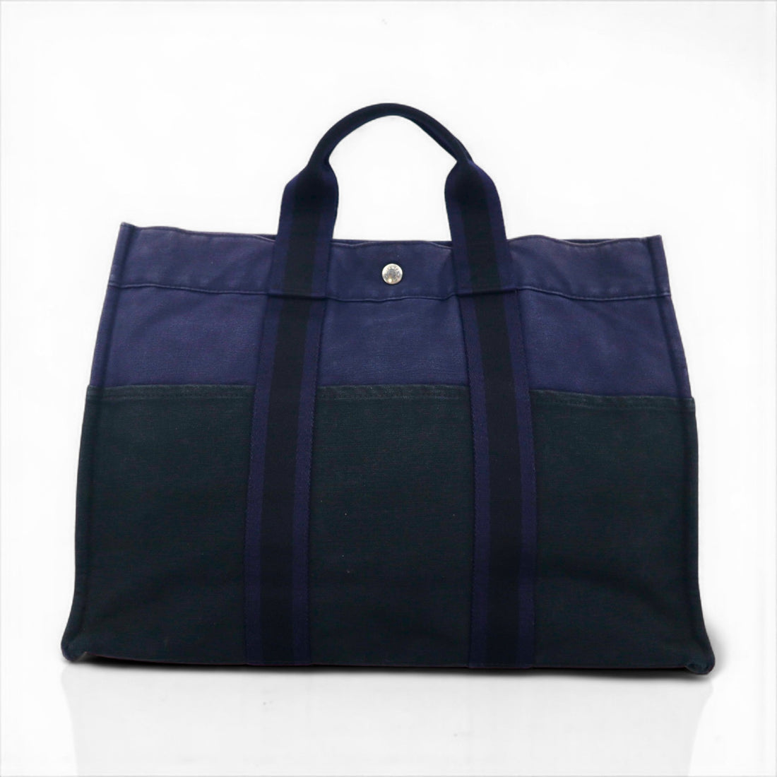 HERMES Foul Tou MM Tote Bag, Navy Canvas, Two-Tone, Made in France