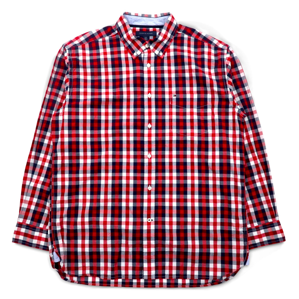 TOMMY HILFIGER Big Size Button-Down Shirt L Tricolor Red Check Cotton