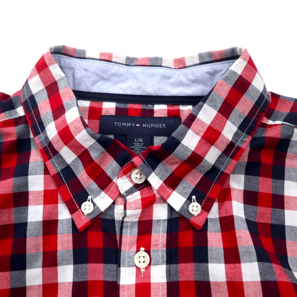 TOMMY HILFIGER Big Size Button-Down Shirt L Tricolor Red Check Cotton