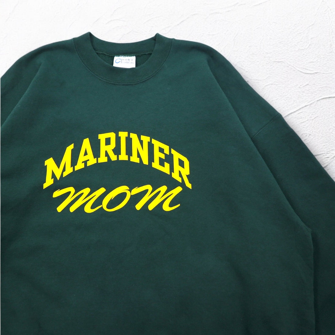 PORT &amp; COMPANY College Print Sweatshirt XL Green Fleece Lined Arch Logo MARINER Made in Honduras