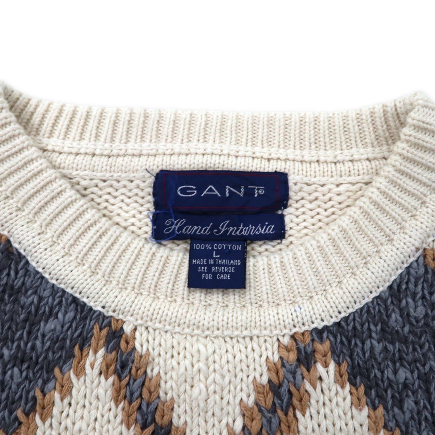 GANT ローゲージ ニット セーター L ホワイト コットン アーガイル柄 Hand Intarsia ビッグサイズ