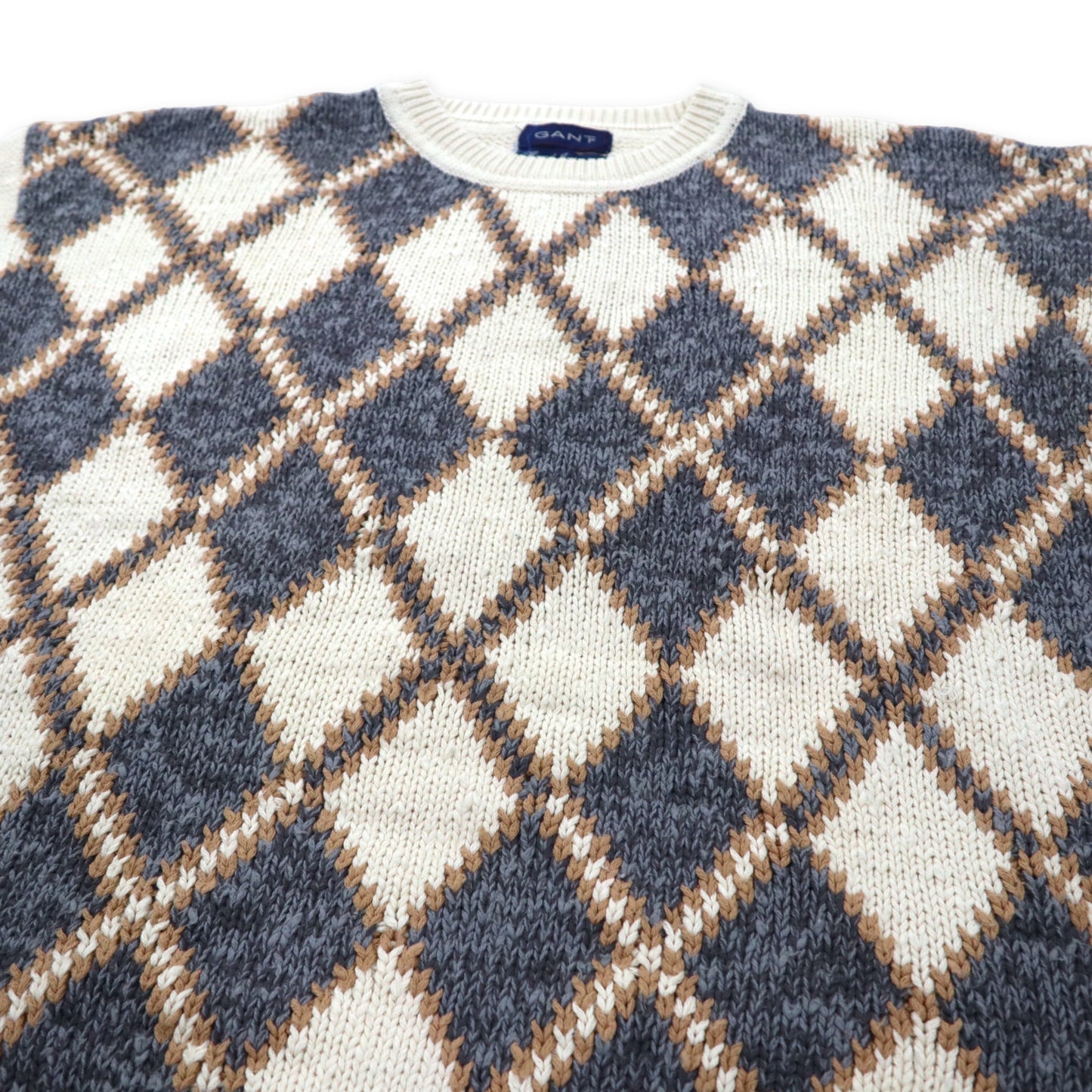 GANT ローゲージ ニット セーター L ホワイト コットン アーガイル柄 Hand Intarsia ビッグサイズ