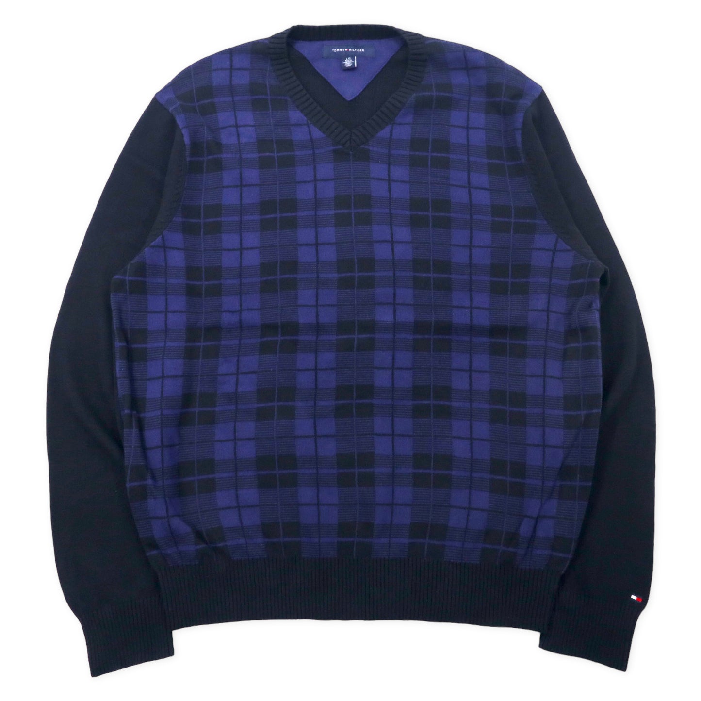 TOMMY HILFIGER Vネック ニット セーター L ブルー チェック コットン