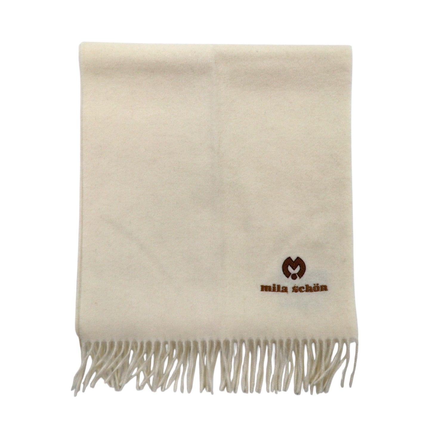 日本然リトテ-古着オンライン-mila schon オールド カシミヤ混 マフラー ホワイト ウール ロゴ刺繍-mila schon Vintage Cashmere Blend Scarf White Wool Logo Embroidery