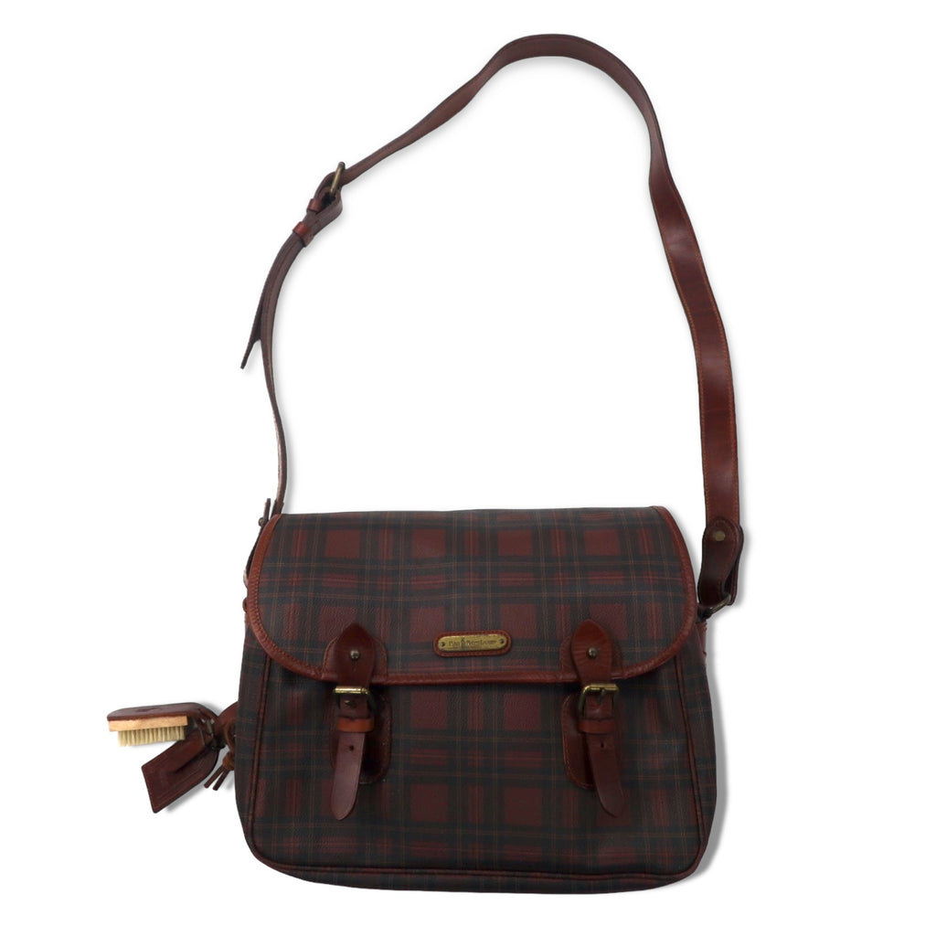 日本然リトテ-古着オンライン-POLO RALPH LAUREN タータンチェック メッセンジャーバッグ ショルダーバッグ レッド ブラウン PVC レザー-POLO RALPH LAUREN Tartan Checked Messenger Bag Shoulder Bag Red Brown PVC Leather
