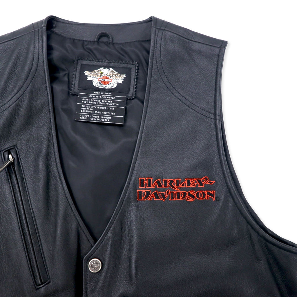 HARLEY DAVIDSON Leather Vest L Black Back Logo Embroidery