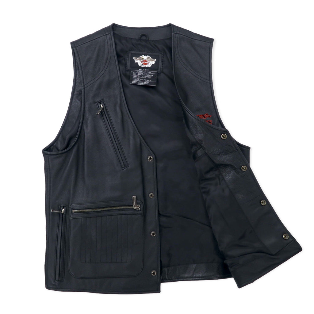 HARLEY DAVIDSON Leather Vest L Black Back Logo Embroidery