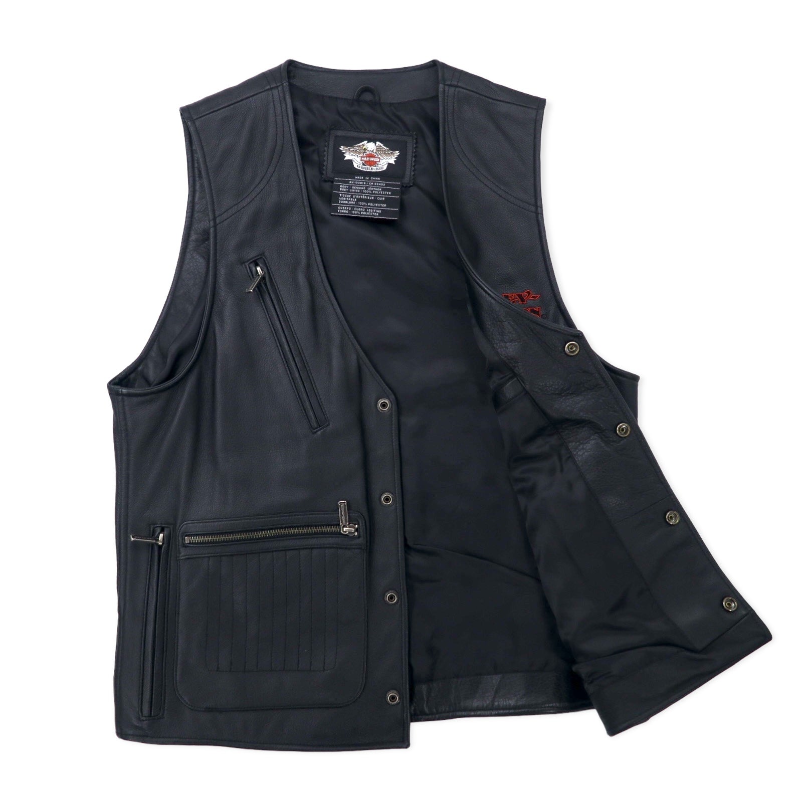 HARLEY DAVIDSON Leather Vest L Black Back Logo Embroidery