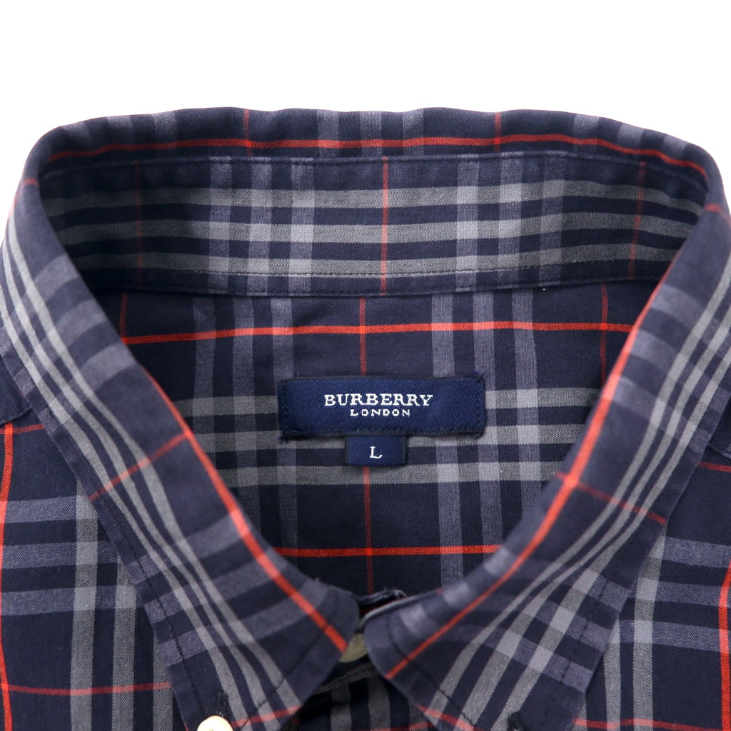 BURBERRY Old Nova Check Button-Down Shirt L Navy Cotton One Point Logo Embroidery