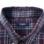 BURBERRY Old Nova Check Button-Down Shirt L Navy Cotton One Point Logo Embroidery