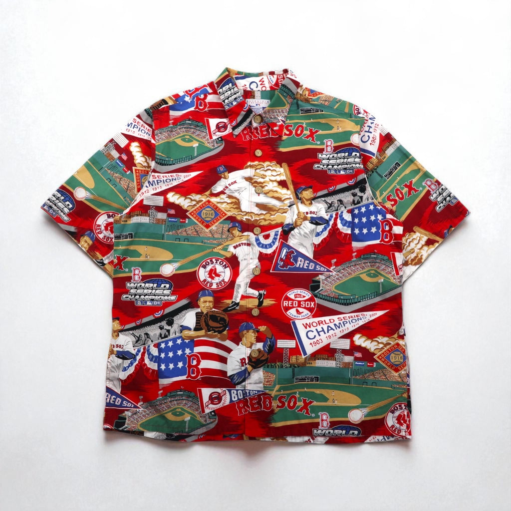 Reyn Spooner Aloha Shirt, Size L, Red, All-Over Print, Cotton, MLB, Boston Red Sox, Chest Pocket