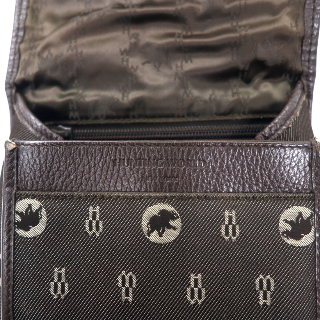 HUNTING WORLD Made in Italy Monogram Crossbody Bag Shoulder Bag Brown Canvas Logo All-over Pattern