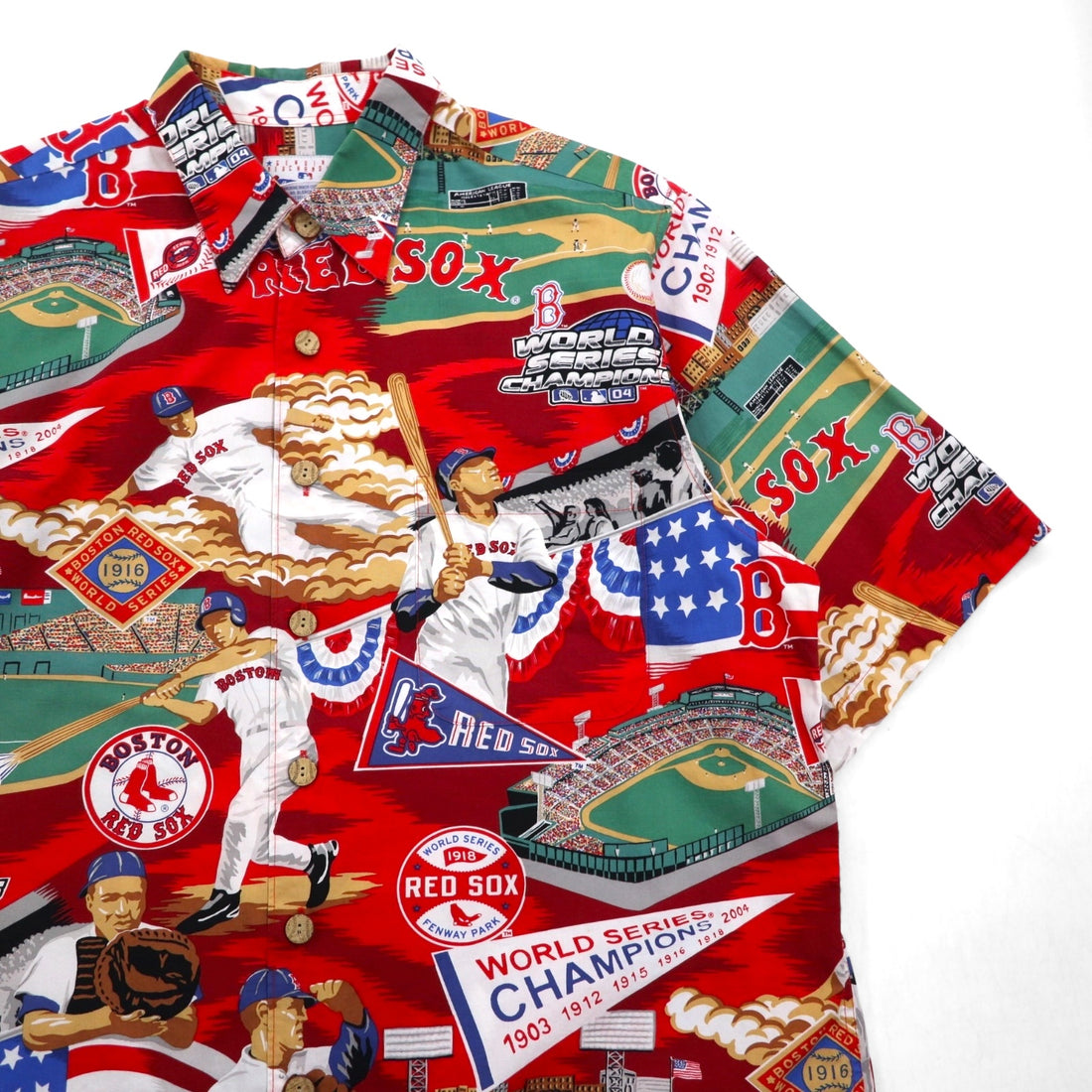 Reyn Spooner Aloha Shirt, Size L, Red, All-Over Print, Cotton, MLB, Boston Red Sox, Chest Pocket