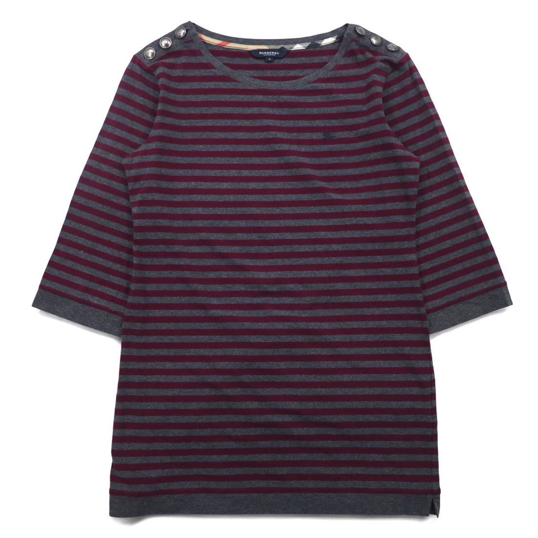 BURBERRY ボーダー チュニック Tシャツ M グレー ショルダーボタン ワンポイントロゴ刺繍 日本製