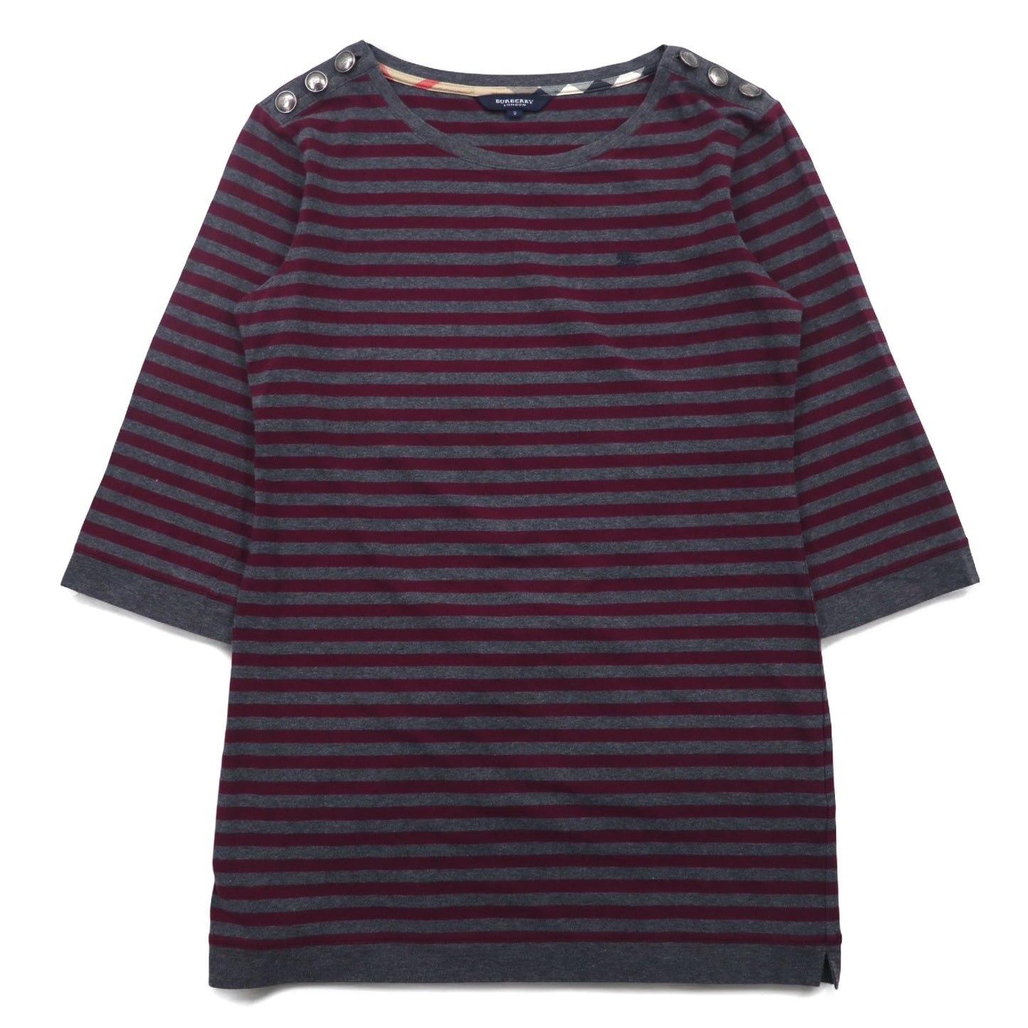 BURBERRY ボーダー チュニック Tシャツ M グレー ショルダーボタン ワンポイントロゴ刺繍 日本製