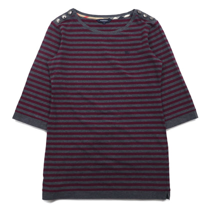 BURBERRY ボーダー チュニック Tシャツ M グレー ショルダーボタン ワンポイントロゴ刺繍 日本製