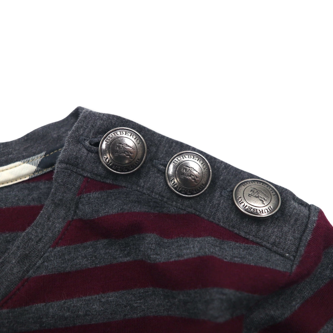 BURBERRY ボーダー チュニック Tシャツ M グレー ショルダーボタン ワンポイントロゴ刺繍 日本製