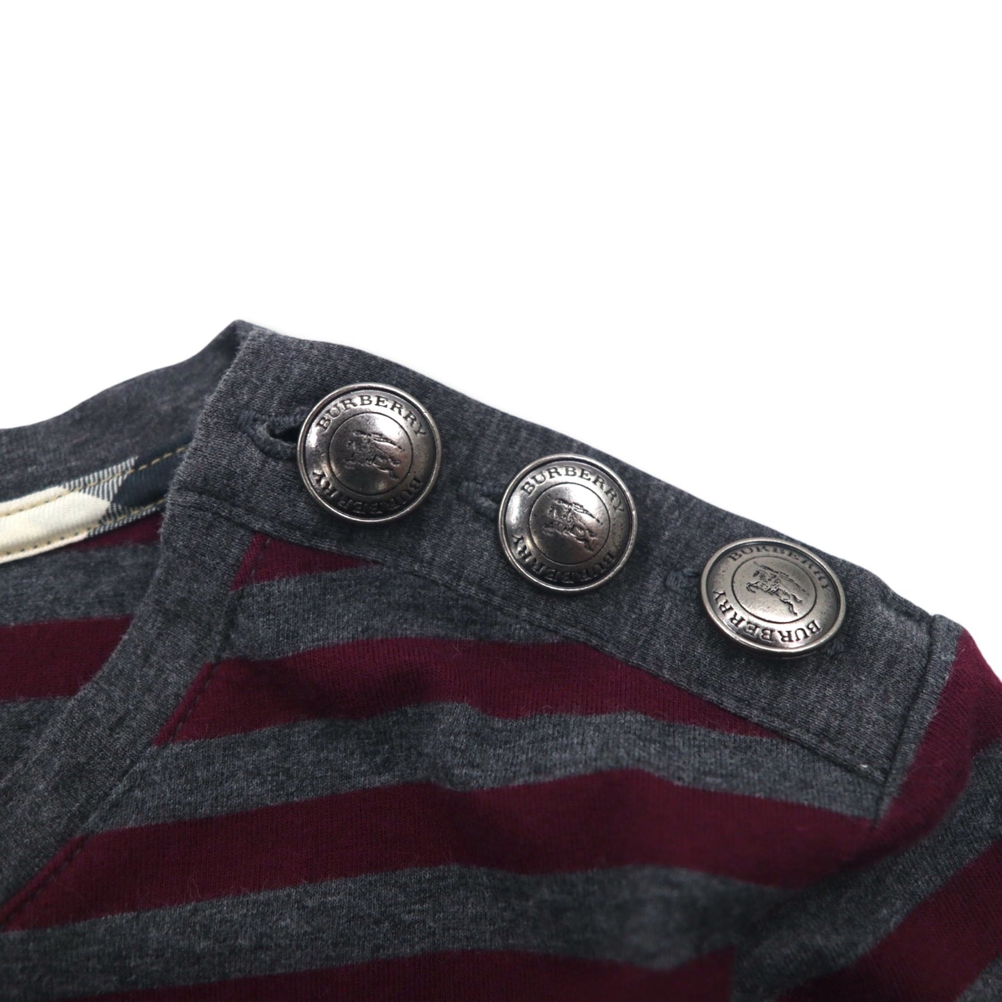 BURBERRY ボーダー チュニック Tシャツ M グレー ショルダーボタン ワンポイントロゴ刺繍 日本製