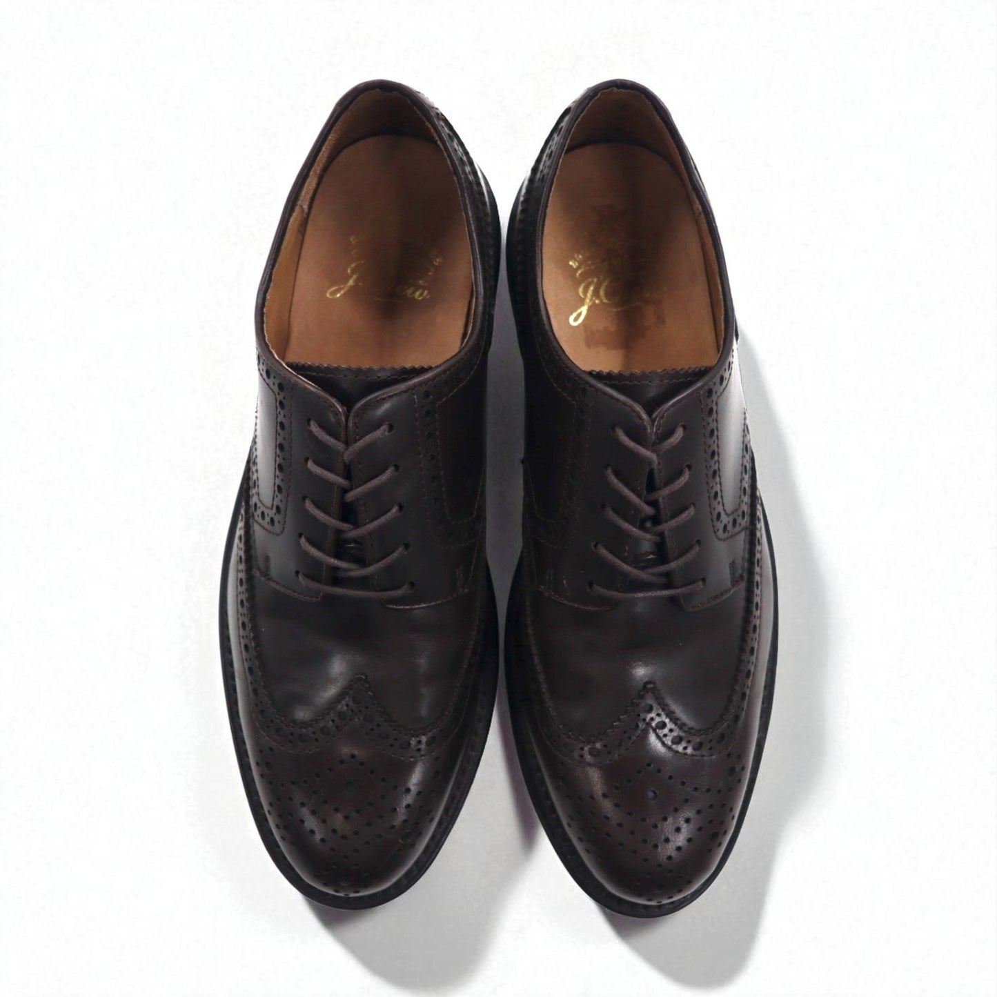 J.Crew Wingtip Full Brogue Dress Shoes, Size 27cm, Brown Leather with Medallion Detail, 55740