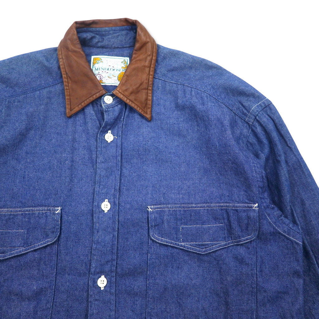 Vintage 90s Denim Shirt MINDLOOSER Leather Collar Switching Work Denim Shirt L Indigo Blue Cotton