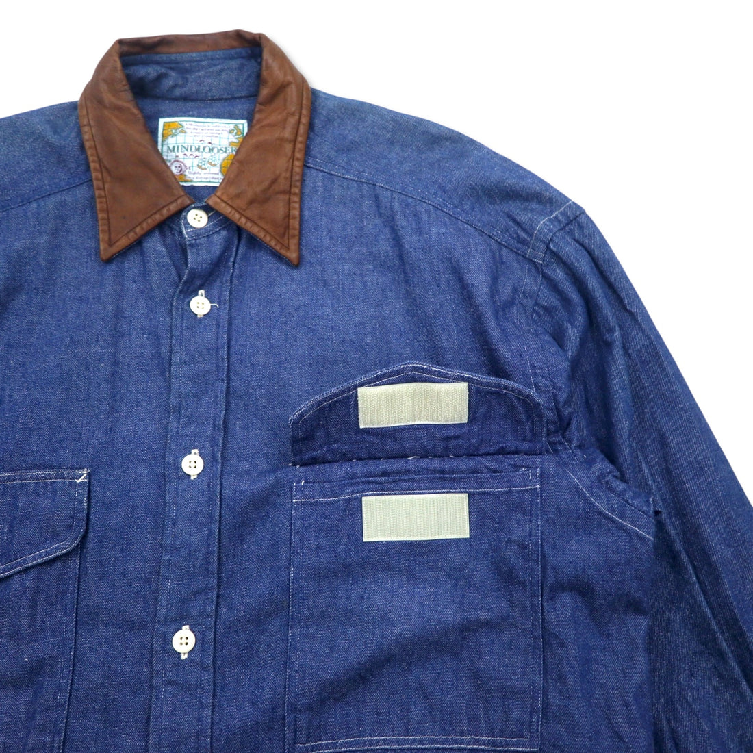 Vintage 90s Denim Shirt MINDLOOSER Leather Collar Switching Work Denim Shirt L Indigo Blue Cotton