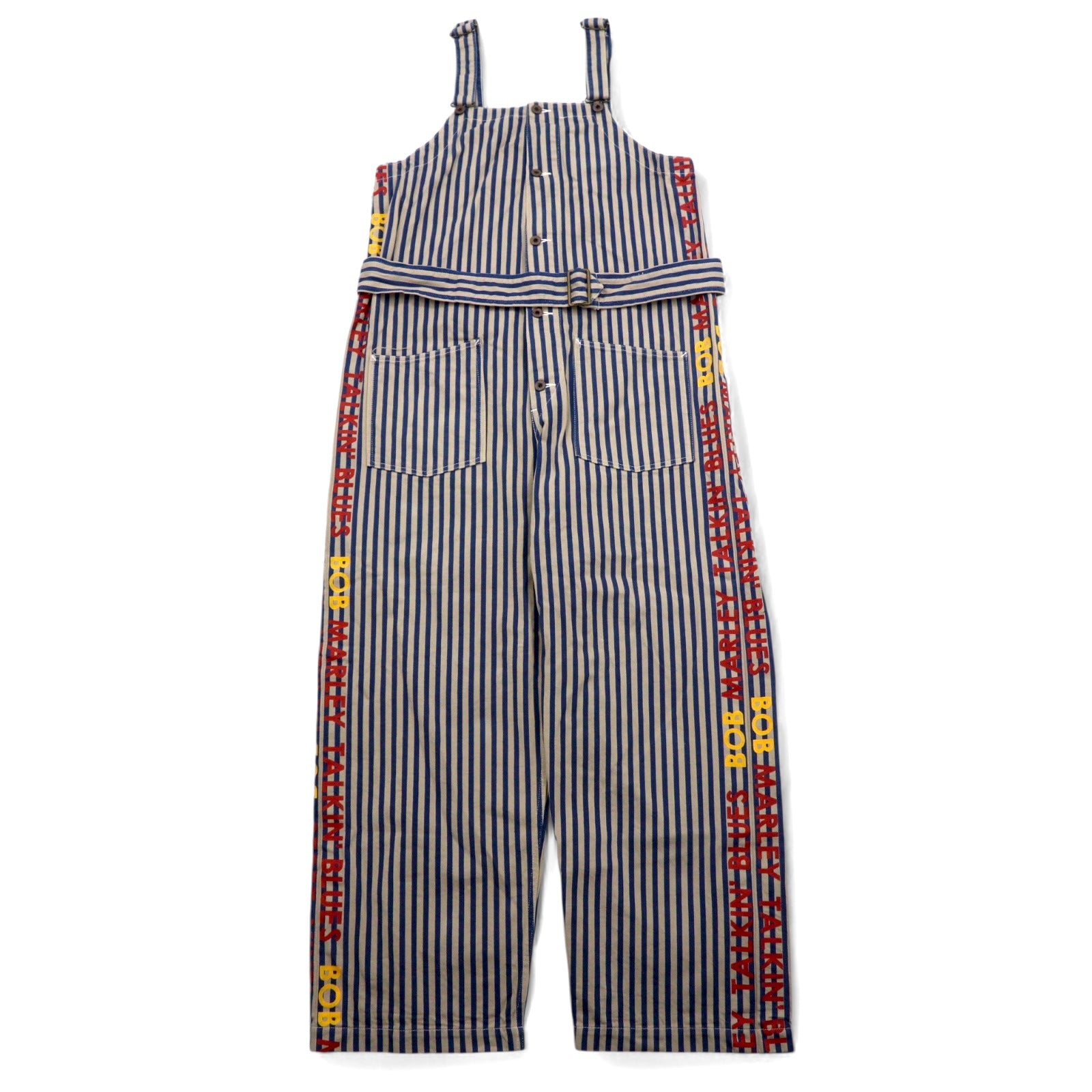 日本然リトテ-古着オンライン-KAPITAL × ZION ROOTSWEAR オーバーオール 4 ブルー ベージュ ストライプ SINGS BOB MARLEY TALKIN’ BLUES COLLECTION ボブマーリー BK190P011-KAPITAL ZION ROOTSWEAR Overalls 4 SINGS BOB MARLEY TALKIN BLUES