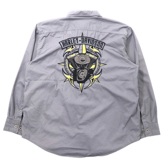 日本然リトテ-古着オンライン-HARLEY DAVIDSON ワークシャツ XL グレー コットン バックロゴ刺繍 ビッグサイズ-Harley Davidson Workshirt XL Gray Cotton Buck Logo Embroidery Big Size