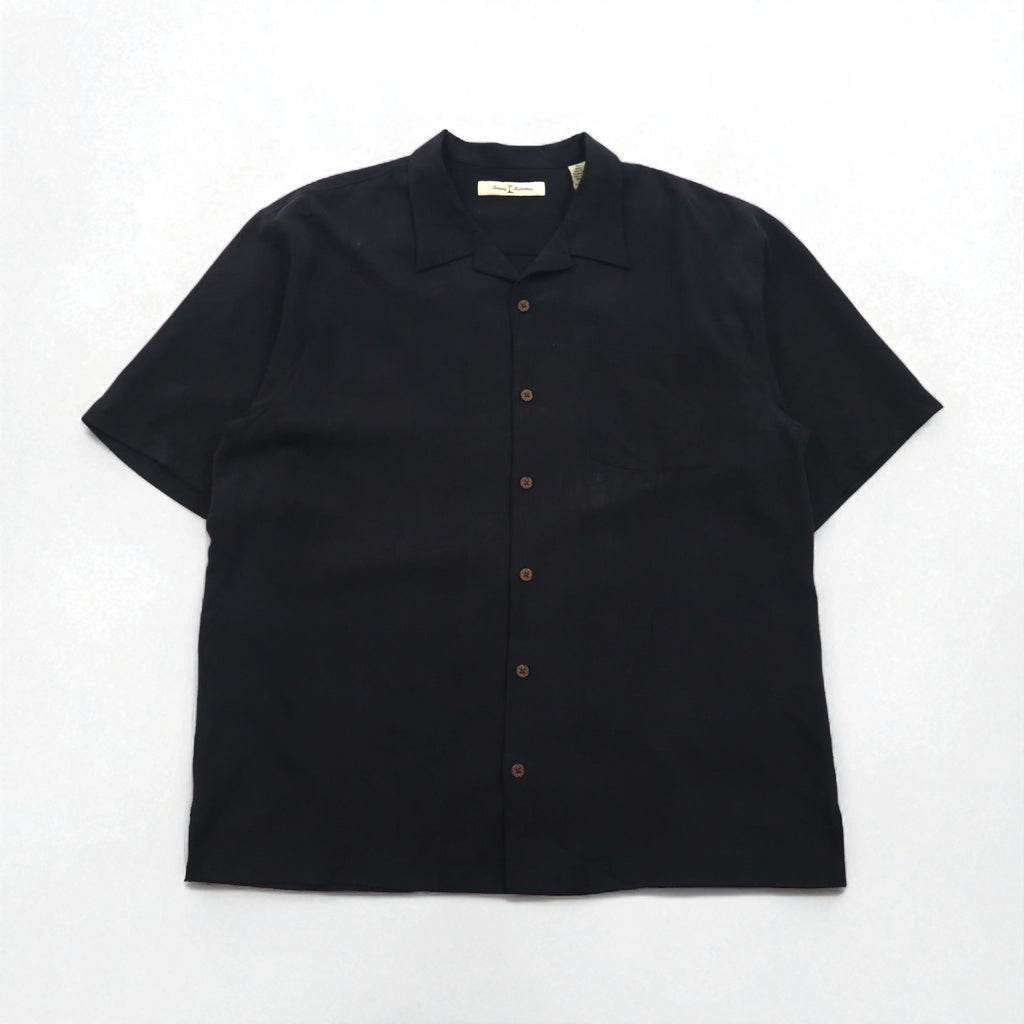TOMMY BAHAMA Silk Open-Collar Aloha Shirt, XL, Black, Boxy Silhouette, Back Logo, Cocktail Embroidery
