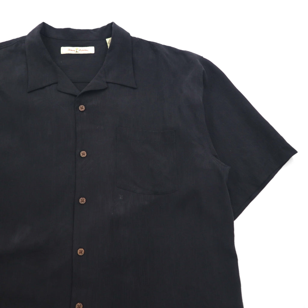 TOMMY BAHAMA Silk Open-Collar Aloha Shirt, XL, Black, Boxy Silhouette, Back Logo, Cocktail Embroidery