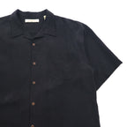 TOMMY BAHAMA Silk Open-Collar Aloha Shirt, XL, Black, Boxy Silhouette, Back Logo, Cocktail Embroidery