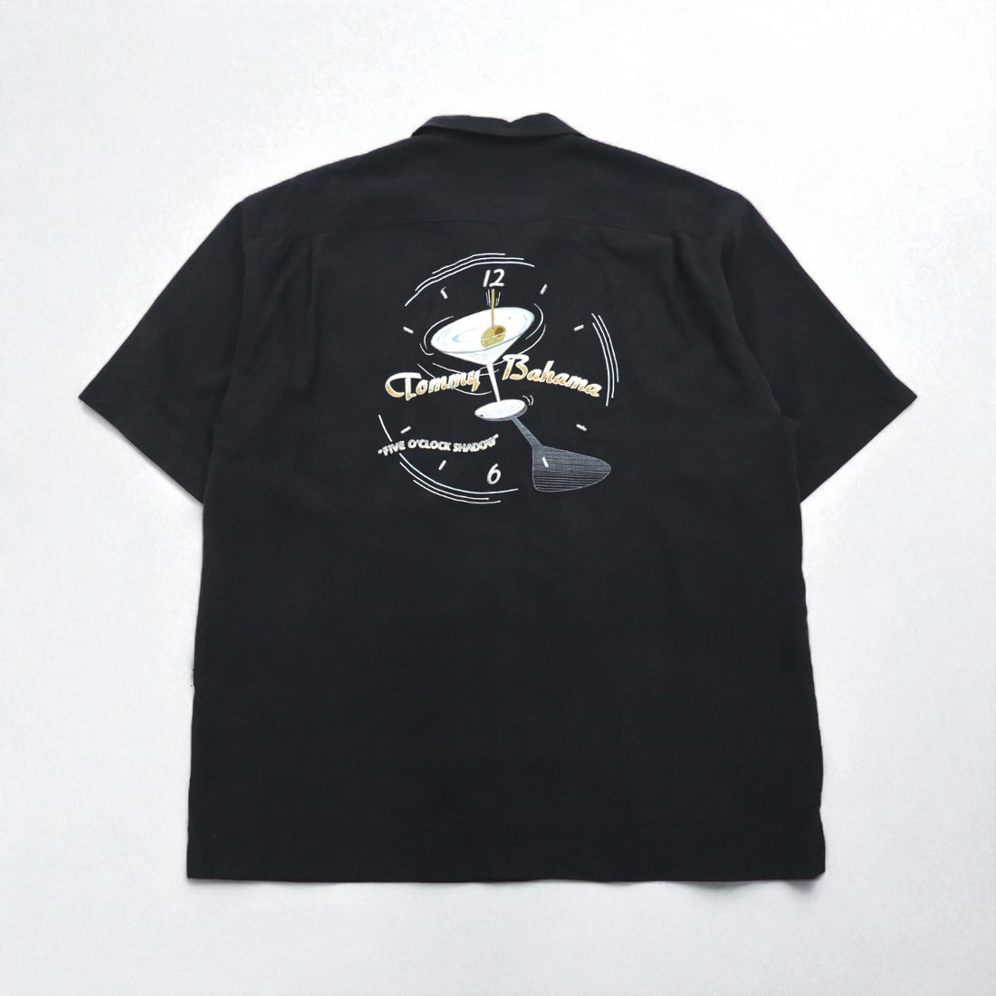 TOMMY BAHAMA Silk Open-Collar Aloha Shirt, XL, Black, Boxy Silhouette, Back Logo, Cocktail Embroidery
