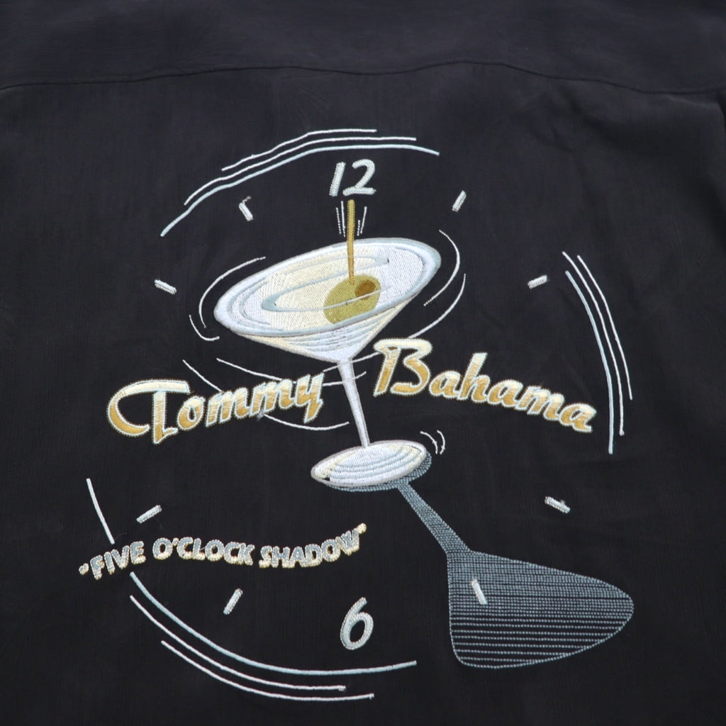 TOMMY BAHAMA Silk Open-Collar Aloha Shirt, XL, Black, Boxy Silhouette, Back Logo, Cocktail Embroidery