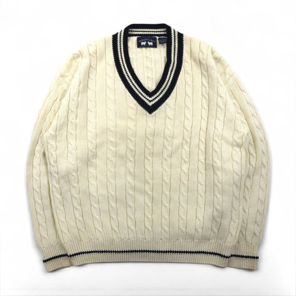 90s Vintage V-neck Knit 90年代 チルデン ニット Vネック セーター L ホワイト ケーブル編み WOODS&GRAY