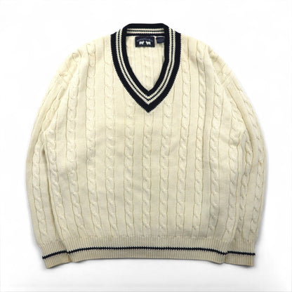 90s Vintage V-neck Knit Sweater, White, Cable Knit, Size L, WOODS&amp;GRAY