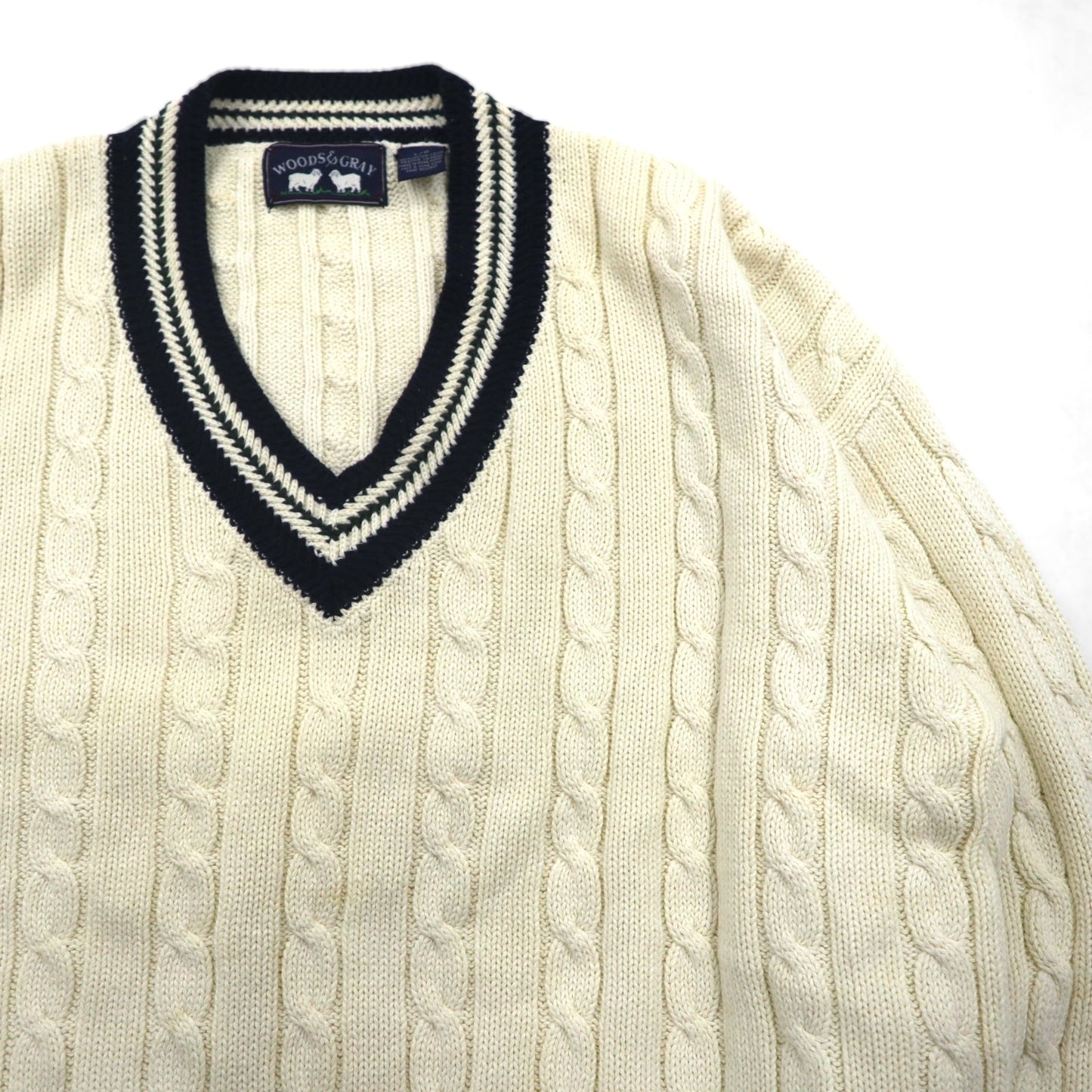 90s Vintage V-neck Knit Sweater, White, Cable Knit, Size L, WOODS&amp;GRAY